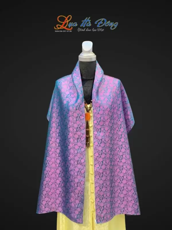 Khăn lụa dài họa tiết hồng thọ tím xanh