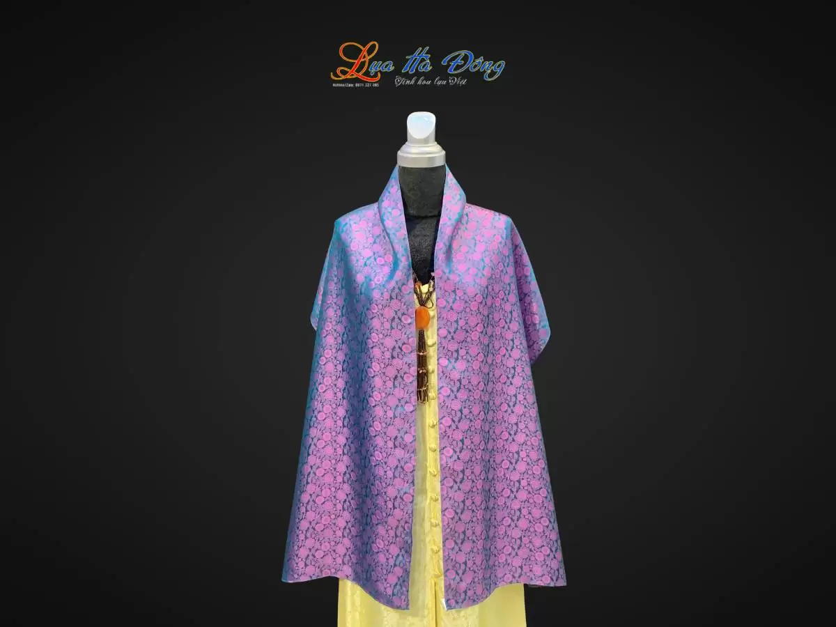 Khăn lụa dài họa tiết hồng thọ tím xanh