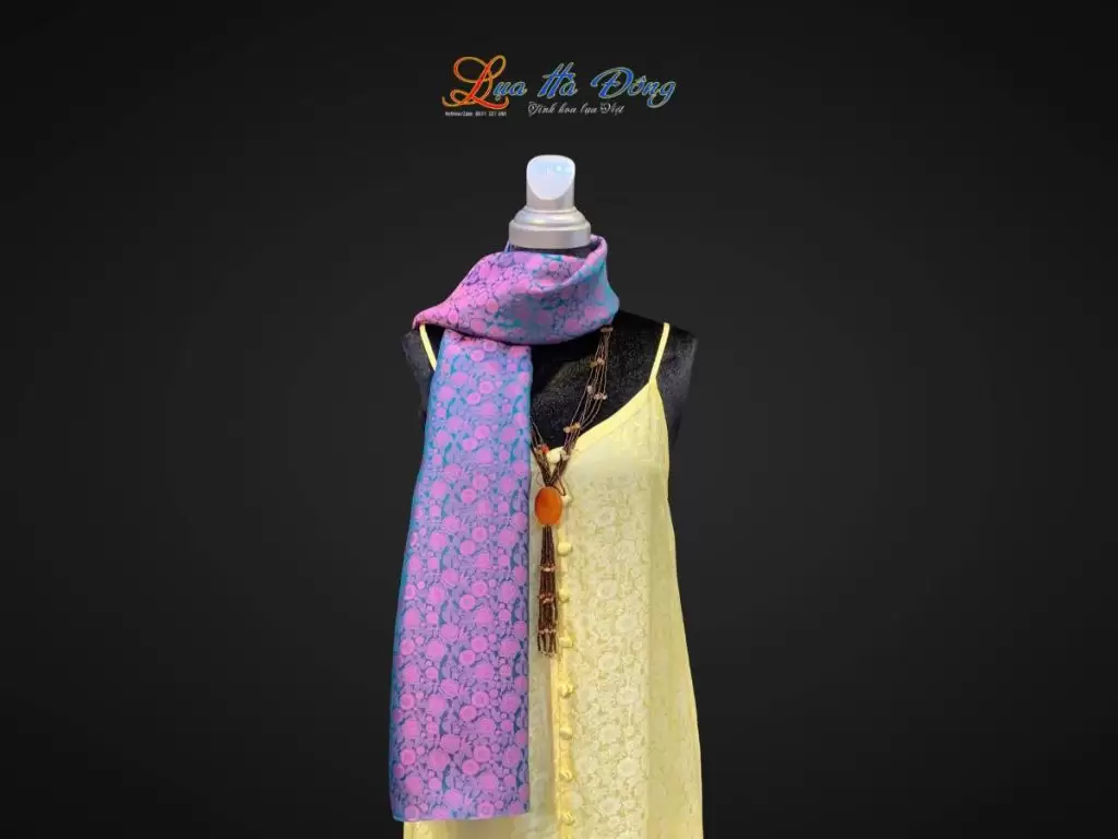 Khăn lụa dài họa tiết hồng thọ tím xanh