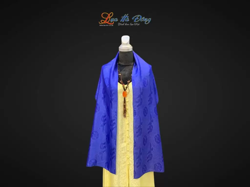 Khăn lụa dài họa tiết phượng thọ xanh dương