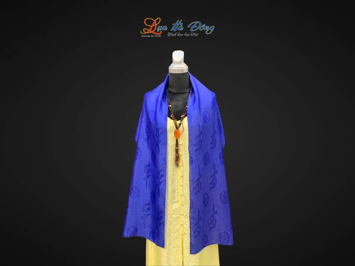 Khăn lụa dài họa tiết phượng thọ xanh dương