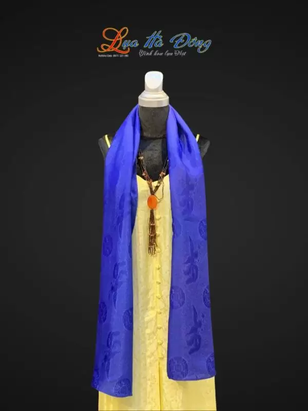 Khăn lụa dài họa tiết phượng thọ xanh dương