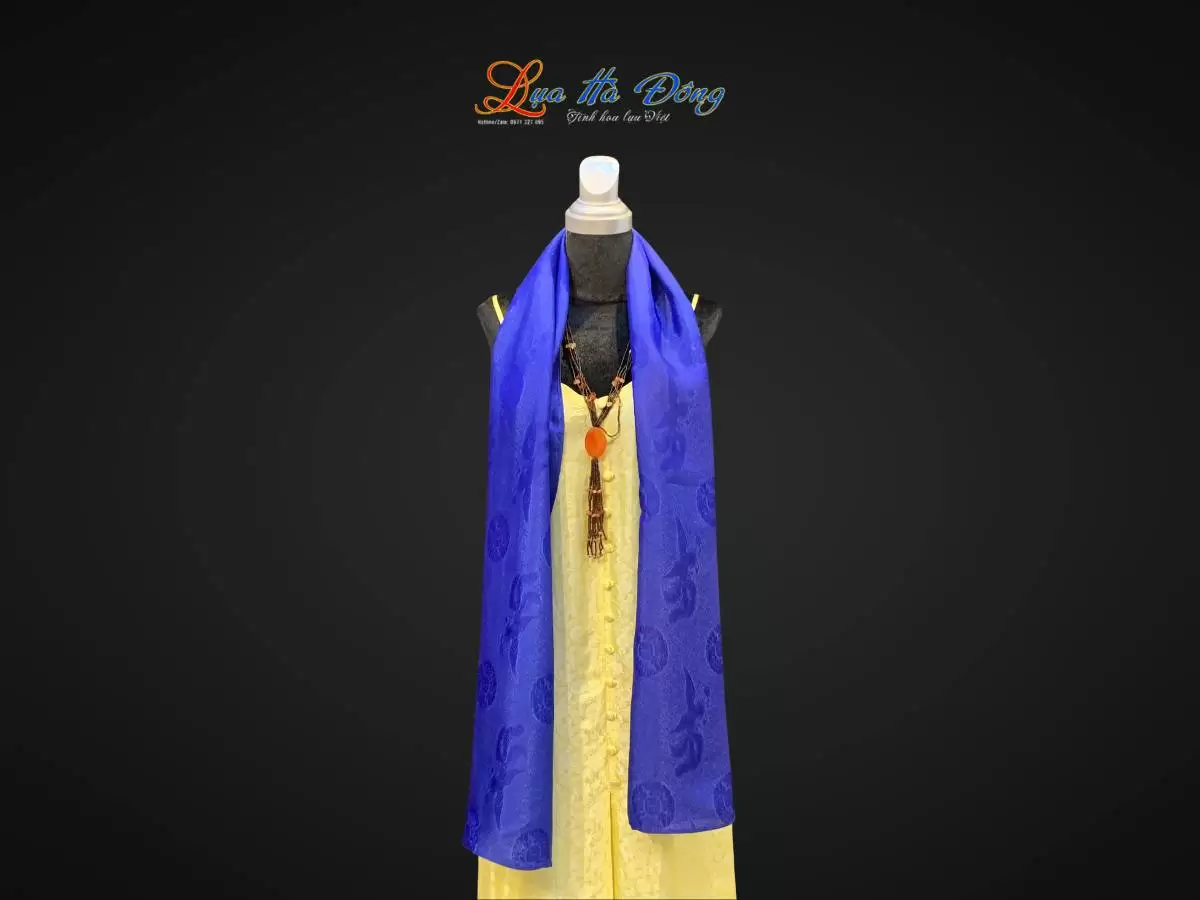 Khăn lụa dài họa tiết phượng thọ xanh dương