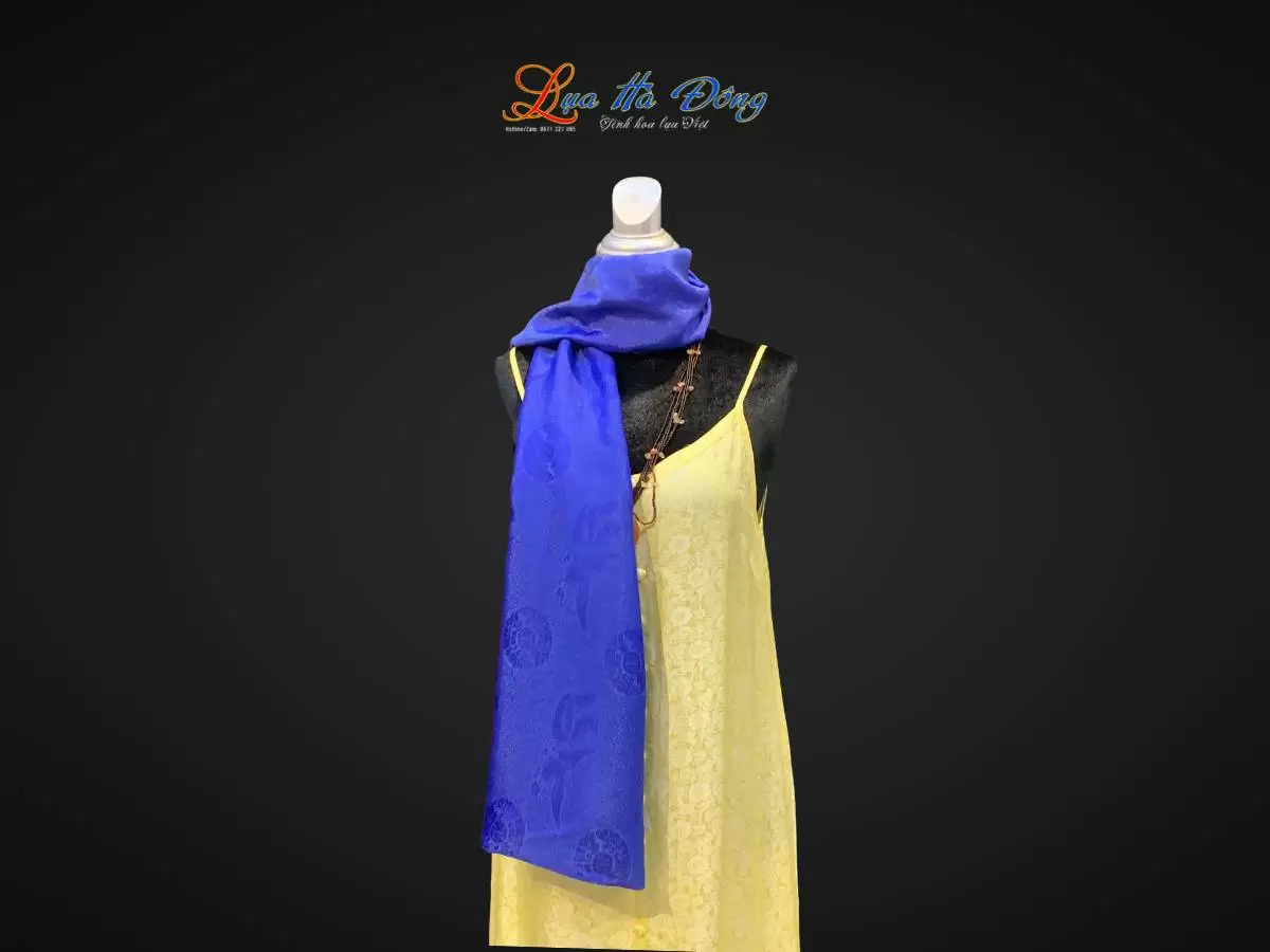 Khăn lụa dài họa tiết phượng thọ xanh dương