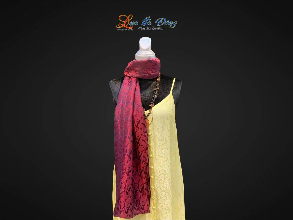 Khăn lụa dài họa tiết đuôi công đỏ