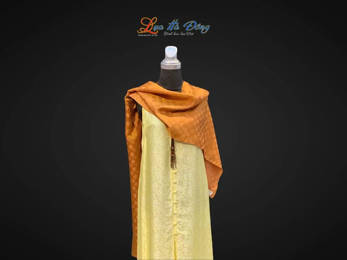 Khăn lụa dài họa tiết hoa đào vàng đồng