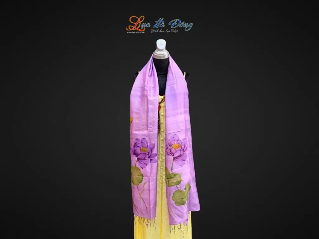 Khăn lụa tơ tằm vẽ tay hoa sen tua rua 100% silk