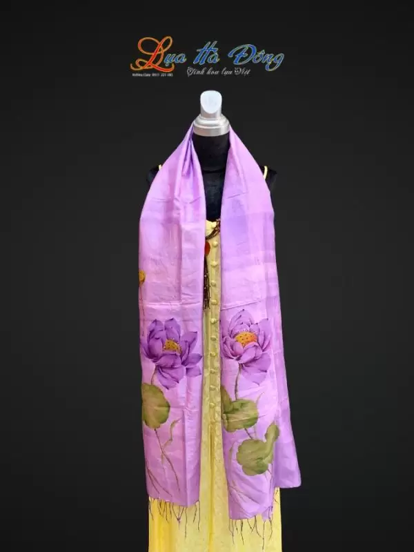 Khăn lụa tơ tằm vẽ tay hoa sen tua rua 100% silk