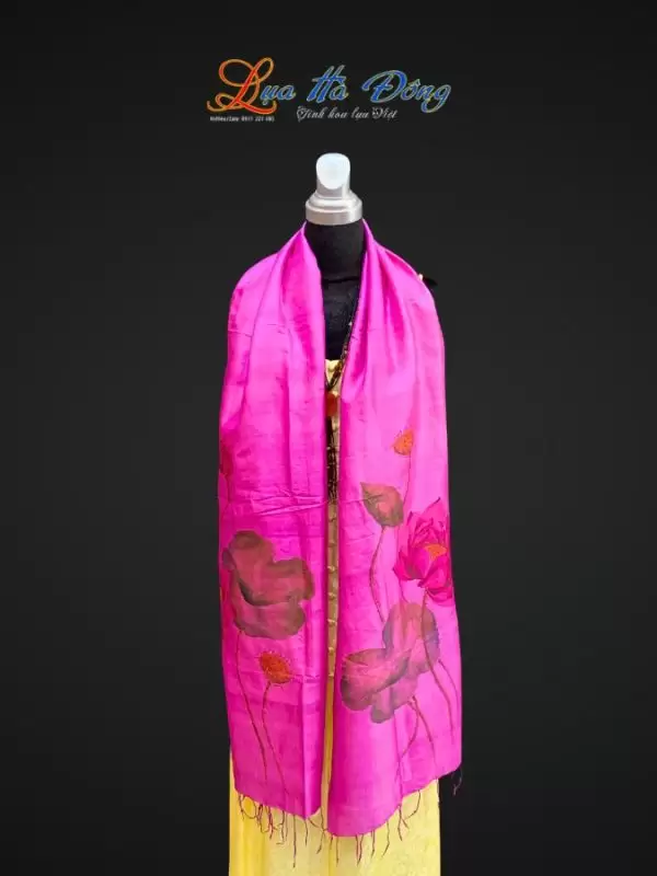 Khăn lụa tơ tằm vẽ tay hoa sen tua rua 100% silk