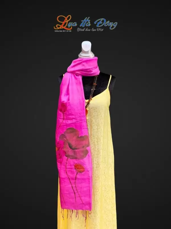 Khăn lụa tơ tằm vẽ tay hoa sen tua rua 100% silk