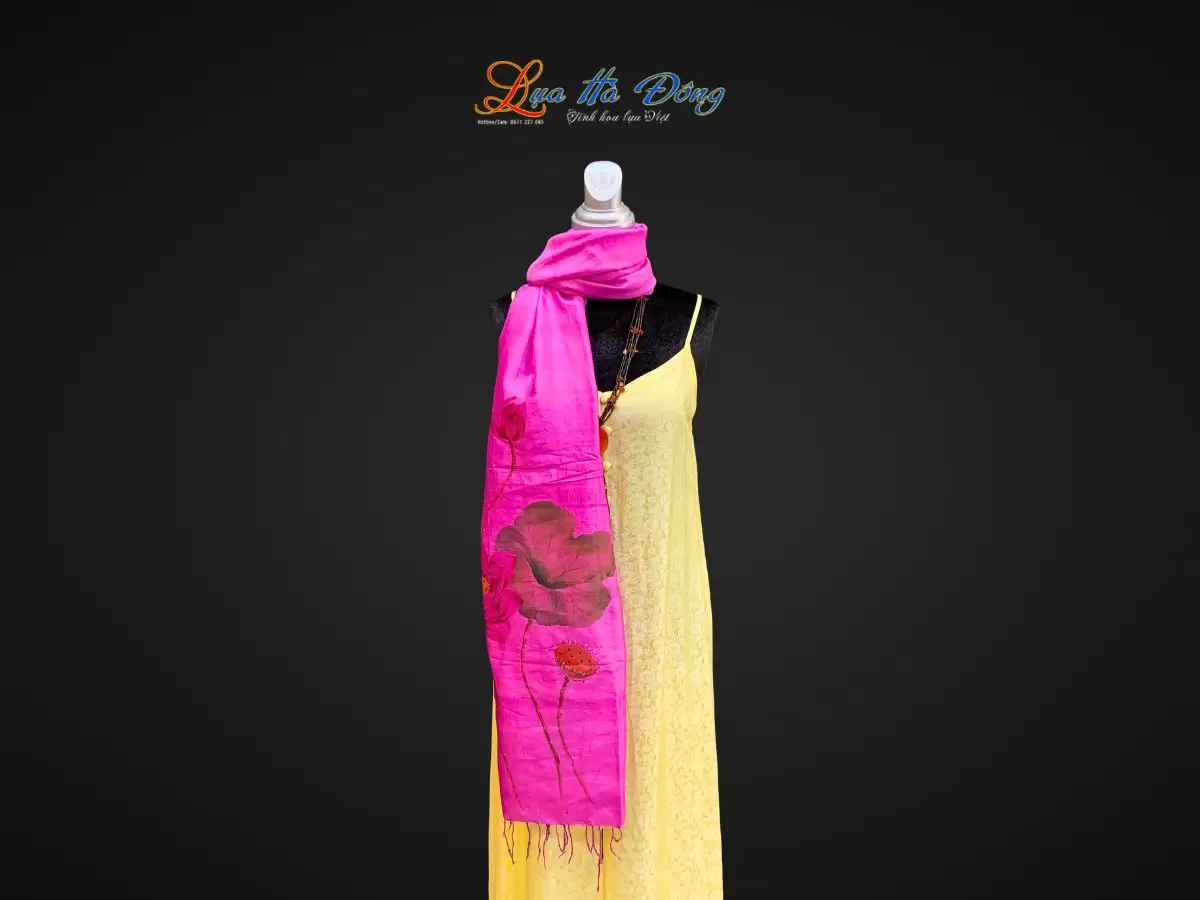 Khăn lụa tơ tằm vẽ tay hoa sen tua rua 100% silk