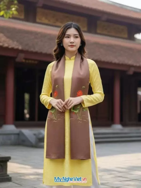 Khăn lụa tơ tằm thêu sen màu nâu cà phê
