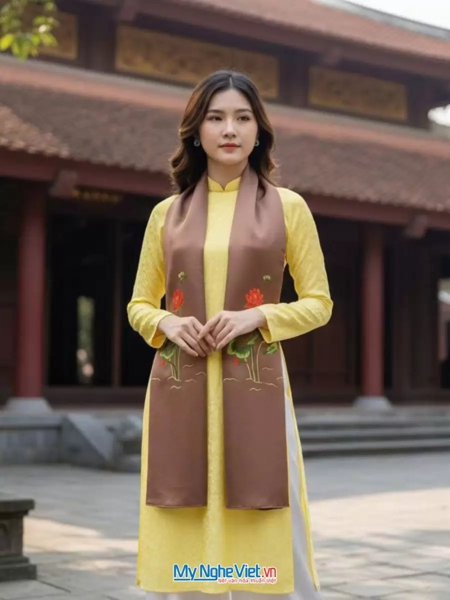 Khăn lụa tơ tằm thêu sen màu nâu cà phê