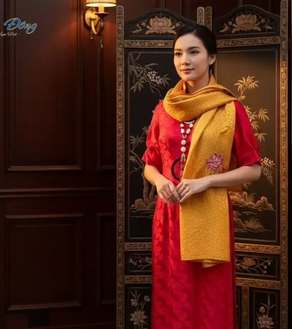 Khăn lụa thêu tay mai nhí vàng đồng