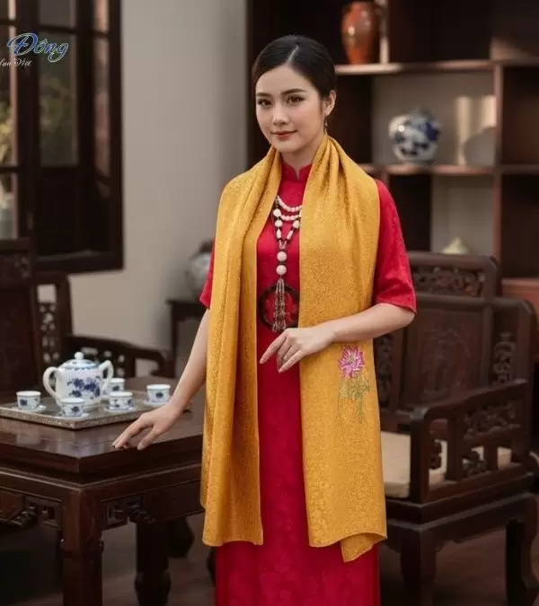 Khăn lụa thêu tay mai nhí vàng đồng