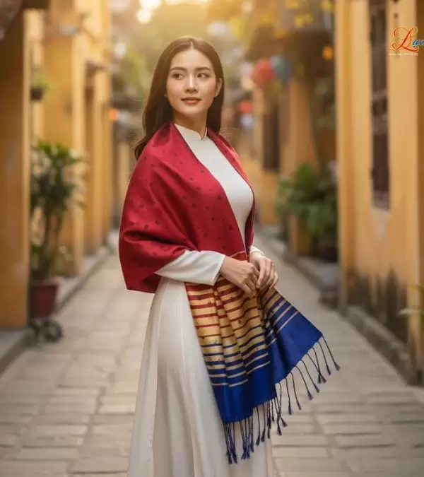 Khăn Lụa Tơ Tằm Họa Tiết Lá Dâu Đỏ