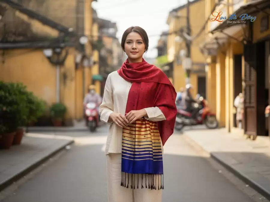 Khăn Lụa Tơ Tằm Họa Tiết Lá Dâu Đỏ