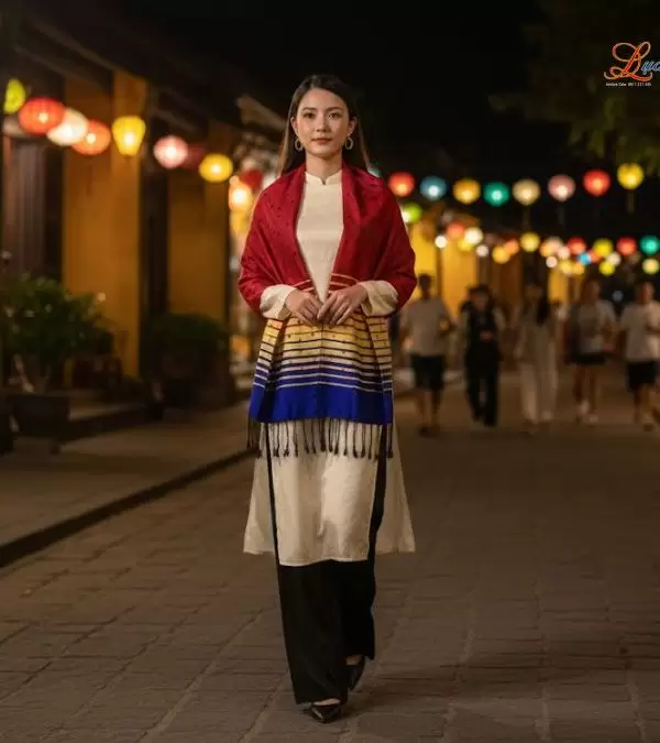 Khăn Lụa Tơ Tằm Họa Tiết Lá Dâu Đỏ