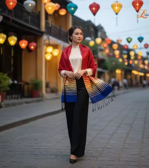 Khăn Lụa Tơ Tằm Họa Tiết Lá Dâu Đỏ