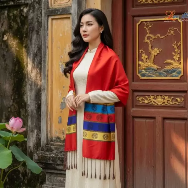 Khăn Lụa trống đồng Văn Miếu Quốc Tử Giám nền đỏ cam