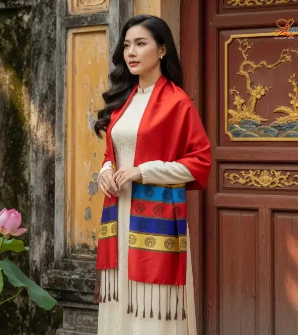 Khăn Lụa trống đồng Văn Miếu Quốc Tử Giám nền đỏ cam