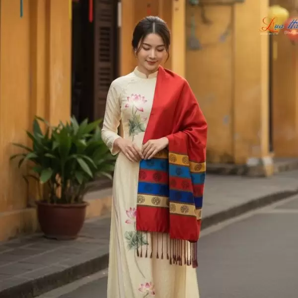 Khăn Lụa trống đồng Văn Miếu Quốc Tử Giám nền đỏ cam