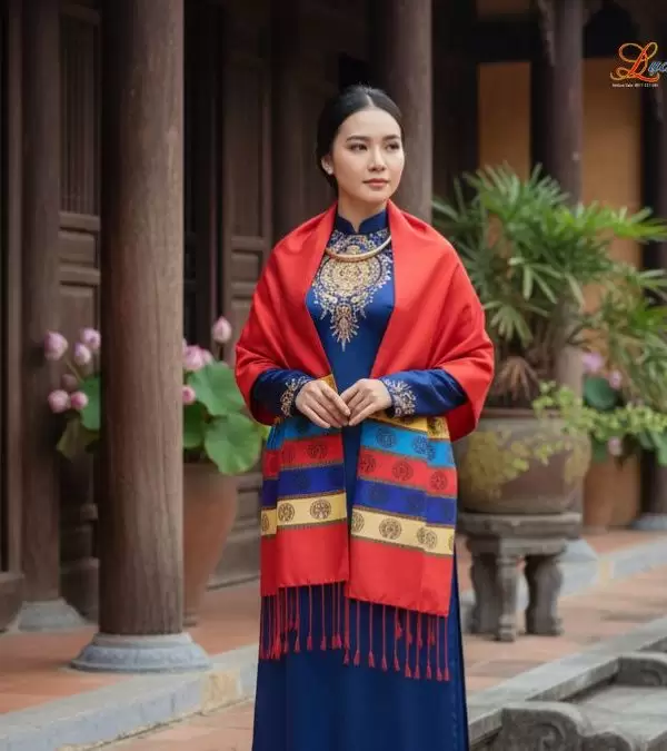 Khăn Lụa trống đồng Văn Miếu Quốc Tử Giám nền đỏ cam