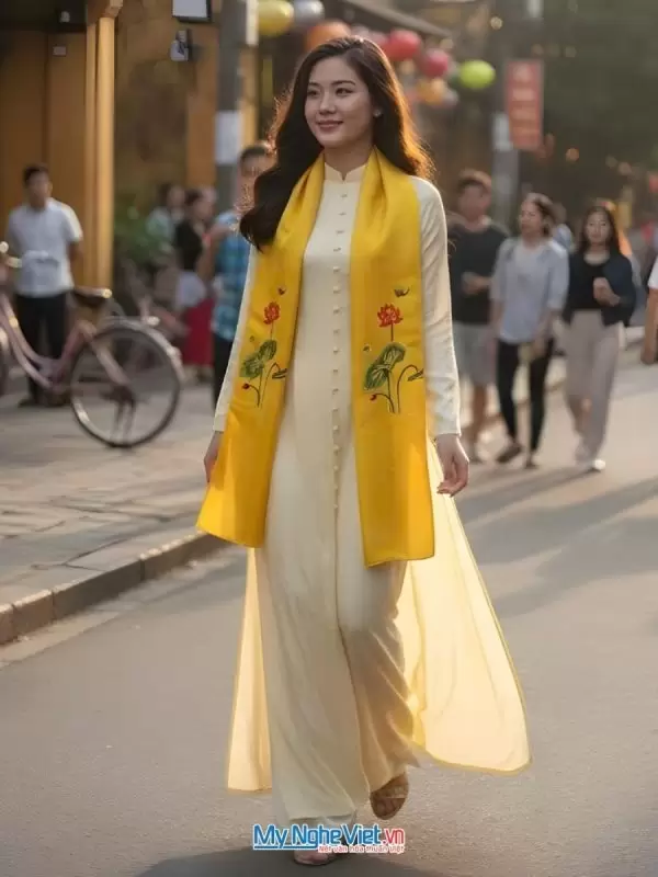Khăn lụa thêu sen trơn màu vàng