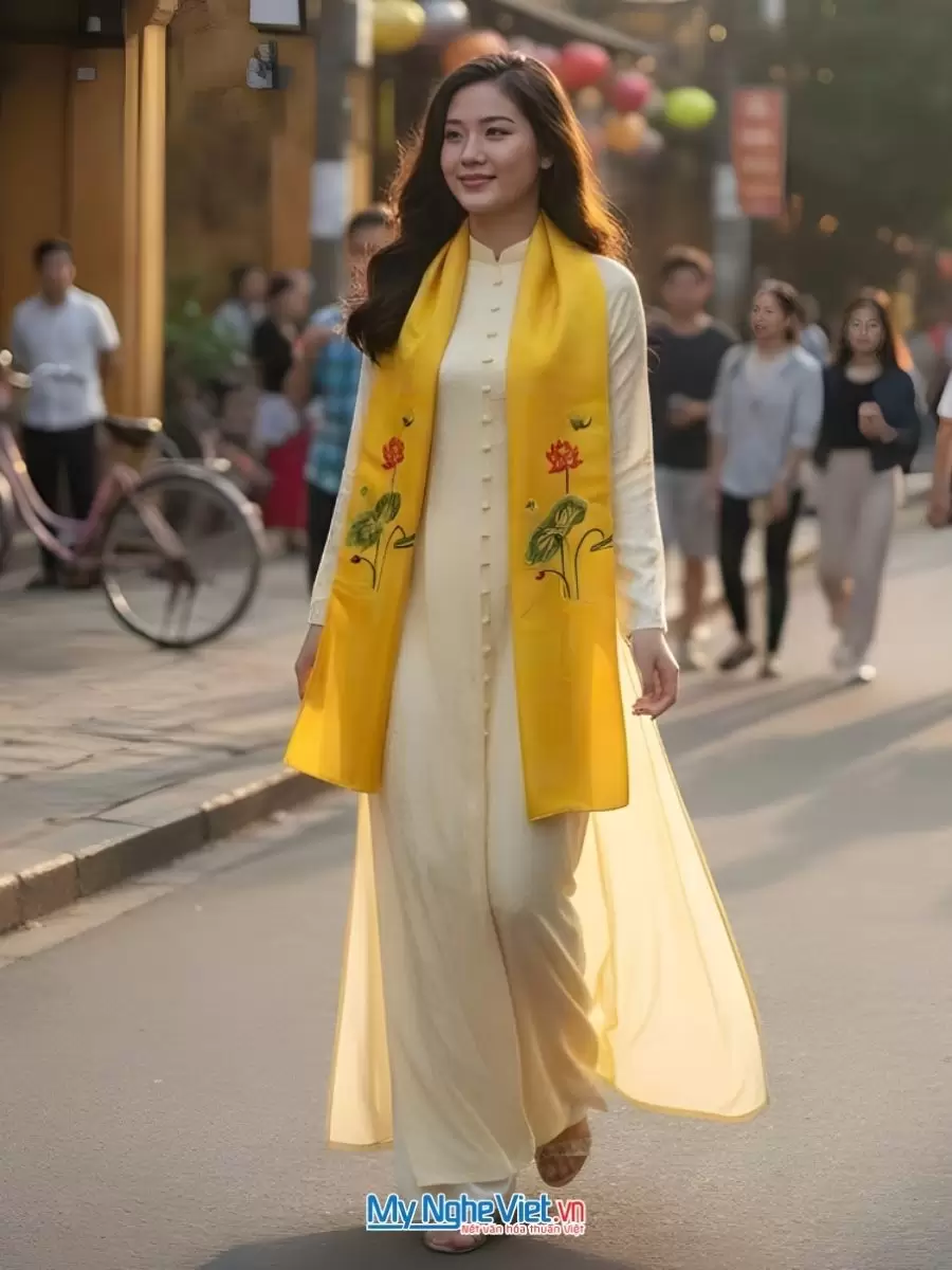 Khăn lụa thêu sen trơn màu vàng
