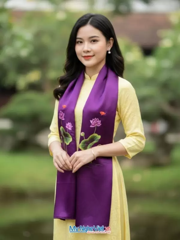 Khăn lụa tơ tằm thêu sen trơn màu tím cà