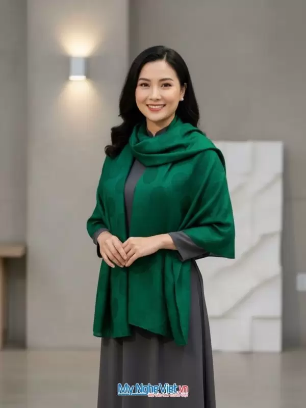 Khăn lụa tơ tằm vân cổ triện thọ màu xanh lá cao cấp