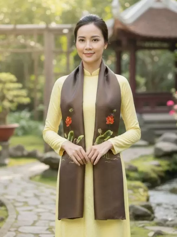 Khăn lụa trơn thêu sen màu vàng đen