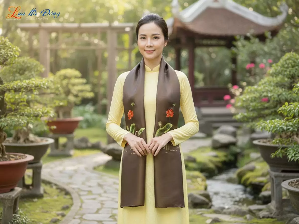 Khăn lụa trơn thêu sen màu vàng đen