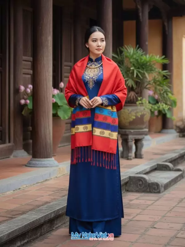 Alternative view of Khăn Lụa trống đồng Văn Miếu Quốc Tử Giám nền đỏ cam 180x58cm MNV-KLLS58180-1