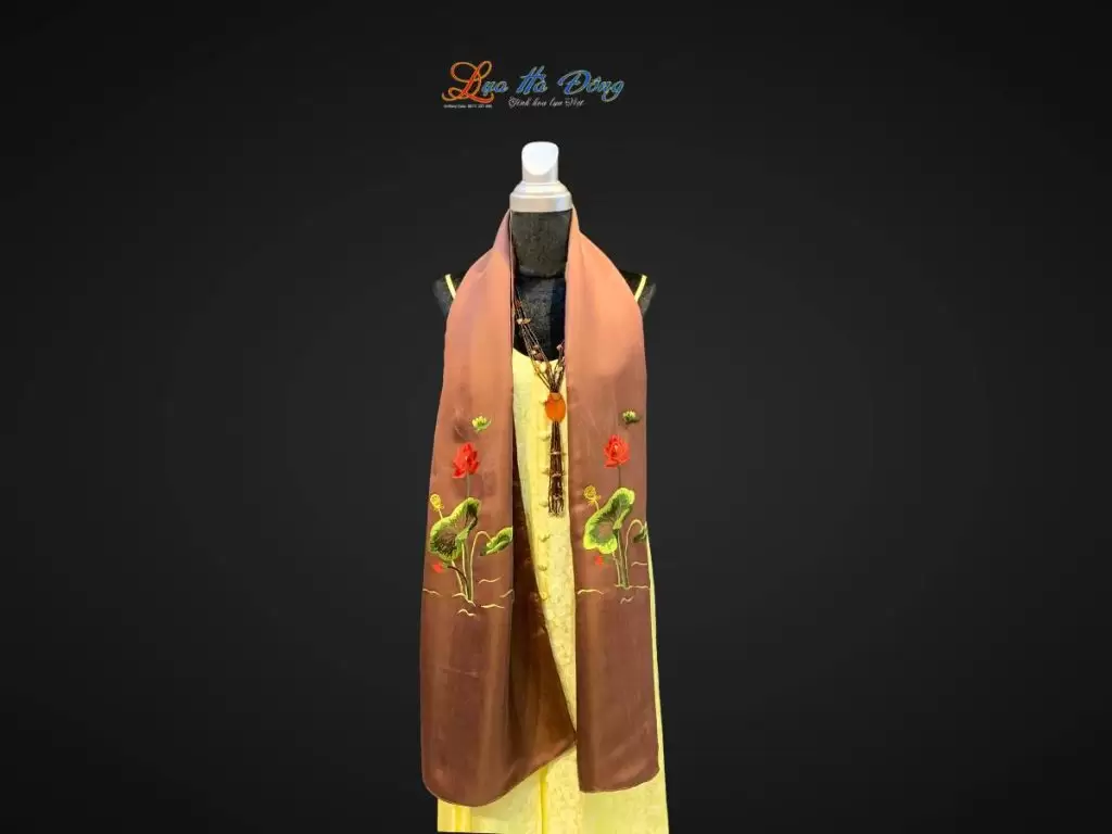 Khăn lụa trơn thêu sen nâu cà phê