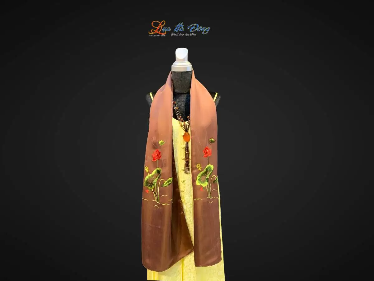 Khăn lụa trơn thêu sen nâu cà phê