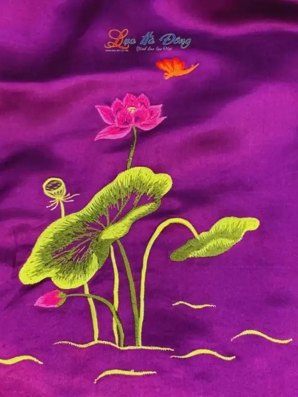 Khăn lụa trơn thêu sen tím cà