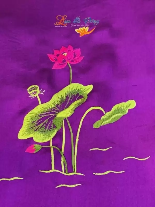 Khăn lụa trơn thêu sen tím cà