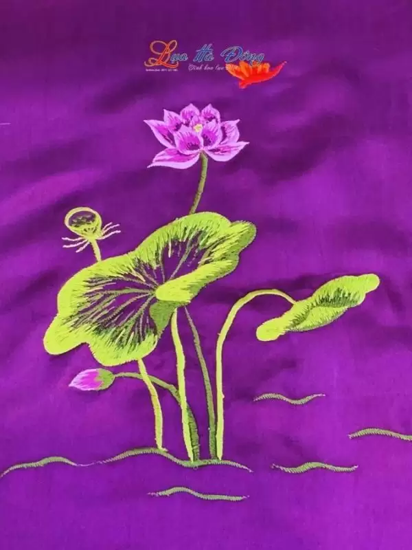 Khăn lụa trơn thêu sen tím cà