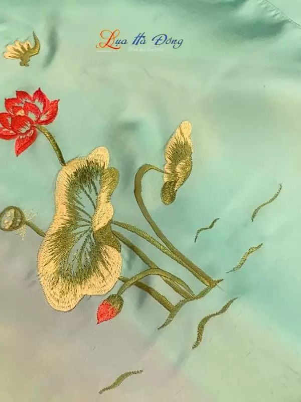 Khăn lụa trơn thêu sen xanh ngọc bích