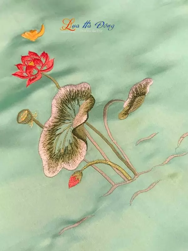 Khăn lụa trơn thêu sen xanh ngọc bích