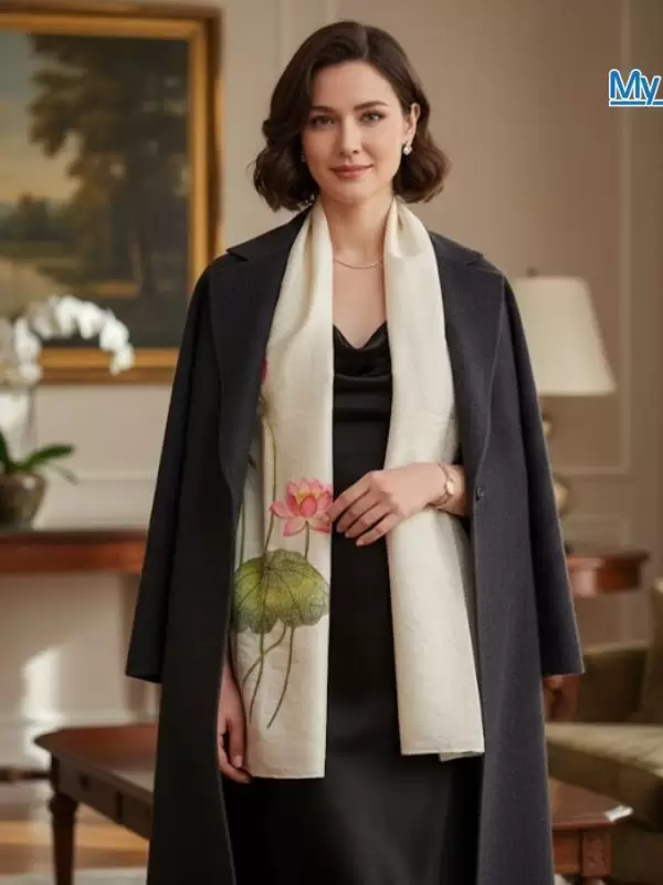 Khăn lụa đũi họa tiết hoa sen thêu tay 100% silk