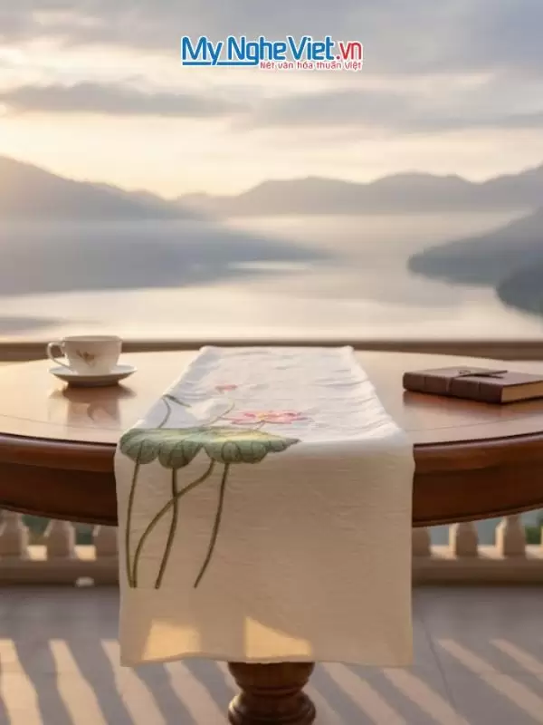 Khăn lụa đũi họa tiết hoa sen thêu tay 100% silk