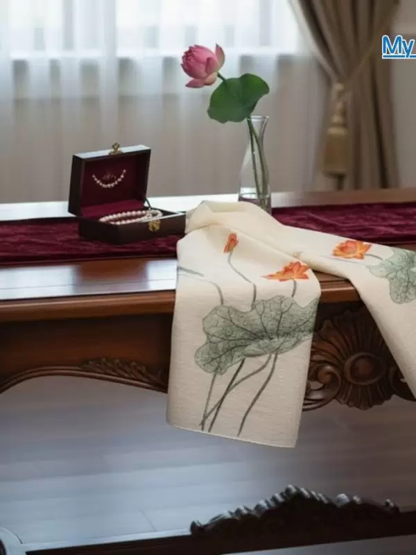 Khăn lụa đũi họa tiết hoa sen thêu tay 100% silk