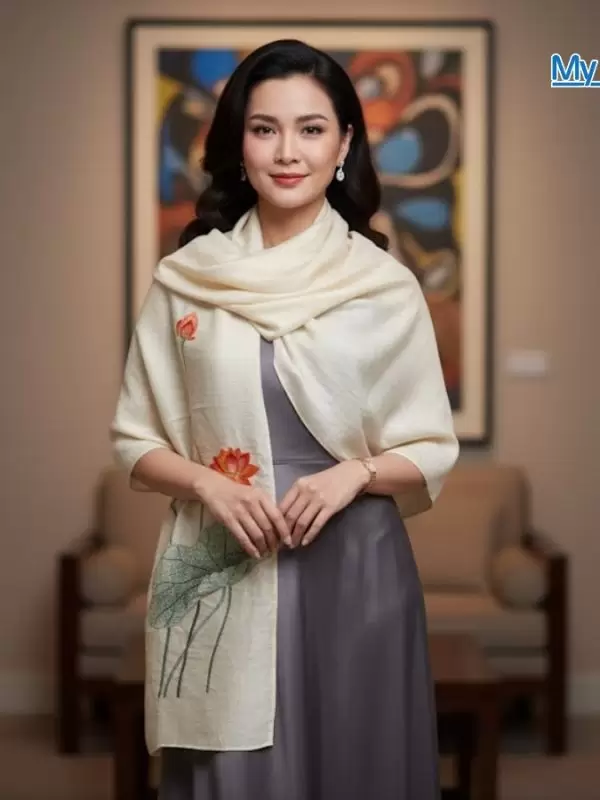 Khăn lụa đũi họa tiết hoa sen thêu tay 100% silk