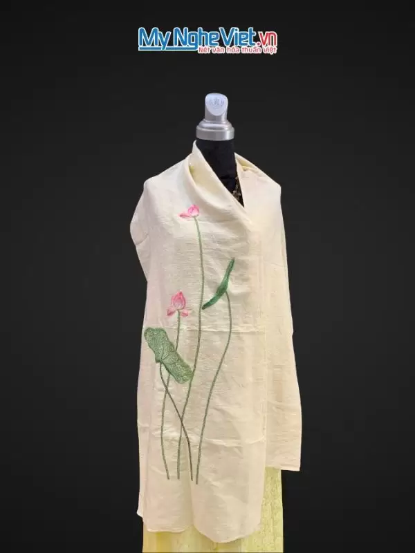 Khăn lụa đũi họa tiết hoa sen thêu tay 100% silk