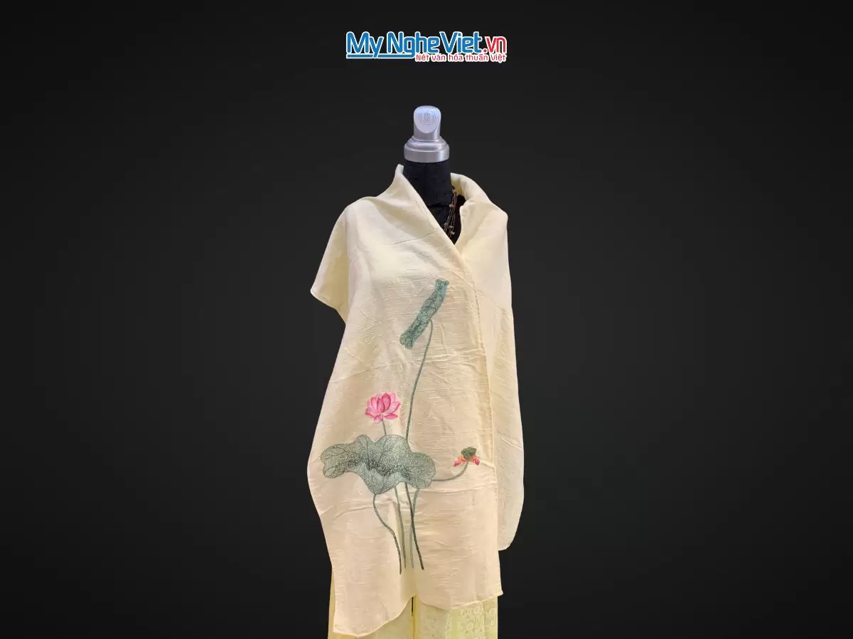 Khăn lụa đũi họa tiết hoa sen thêu tay 100% silk