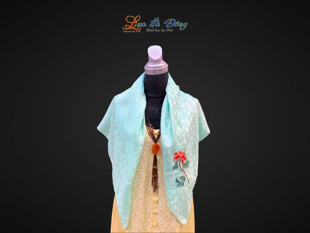 Khăn lụa thêu tay hồng thọ nhí xanh mint