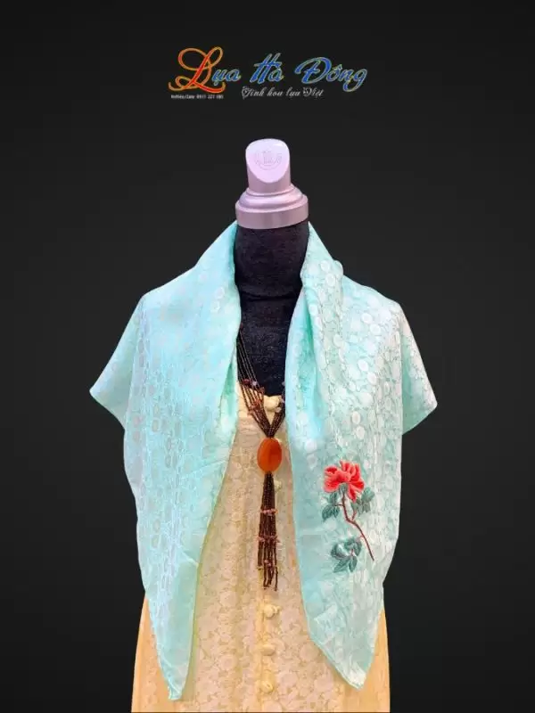 Khăn lụa thêu tay hồng thọ nhí xanh mint