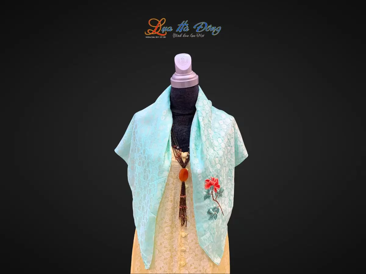 Khăn lụa thêu tay hồng thọ nhí xanh mint